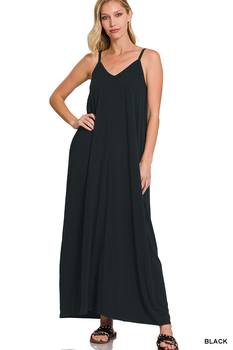 V-NECK CAMI MAXI DRESS WITH SIDE POCKETS