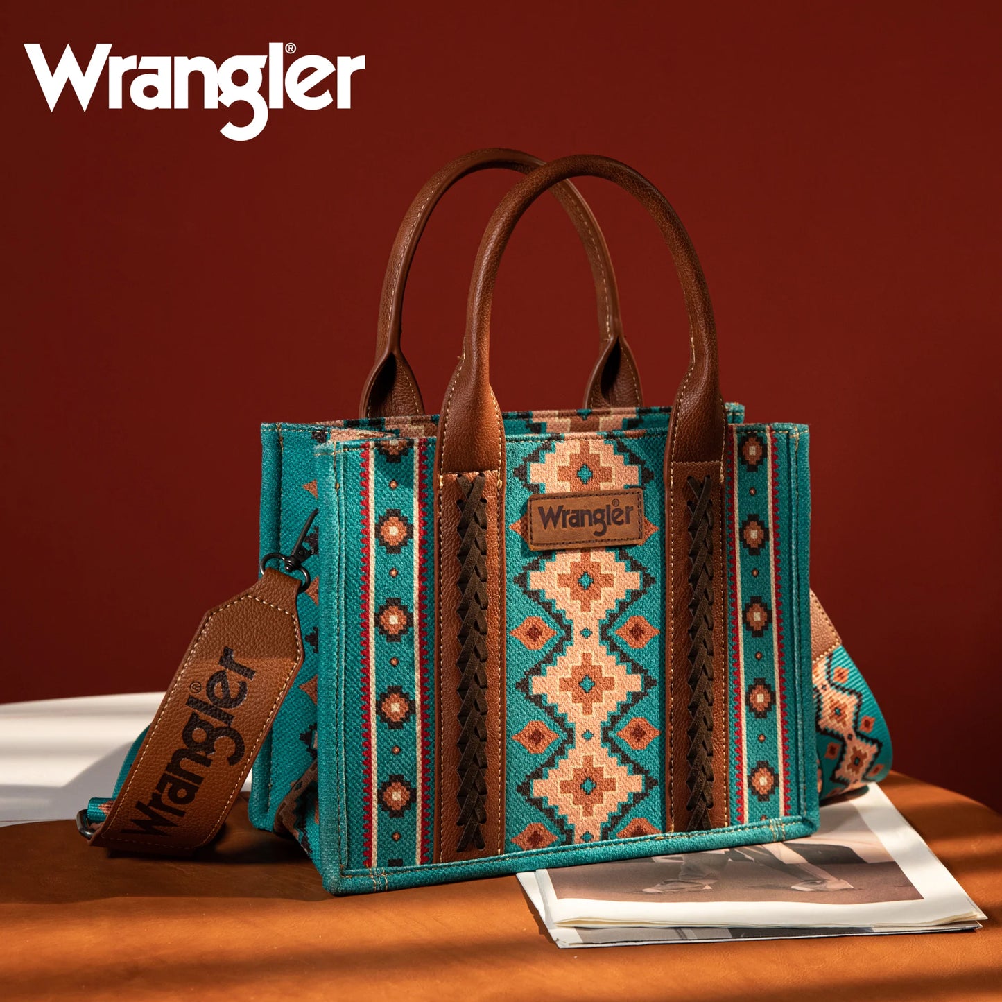 WRANGLER ALL-OVER AZTEC DUAL SIDED PRINT CROSSBODY CANVAS TOTES