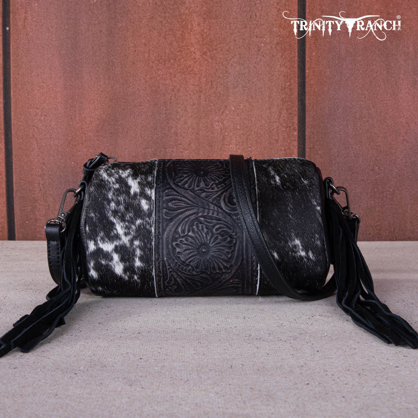 Montana West Trinity Ranch Genuine Hair-On Cowhide /Tooled Fringe Collection Barrel Crossbody