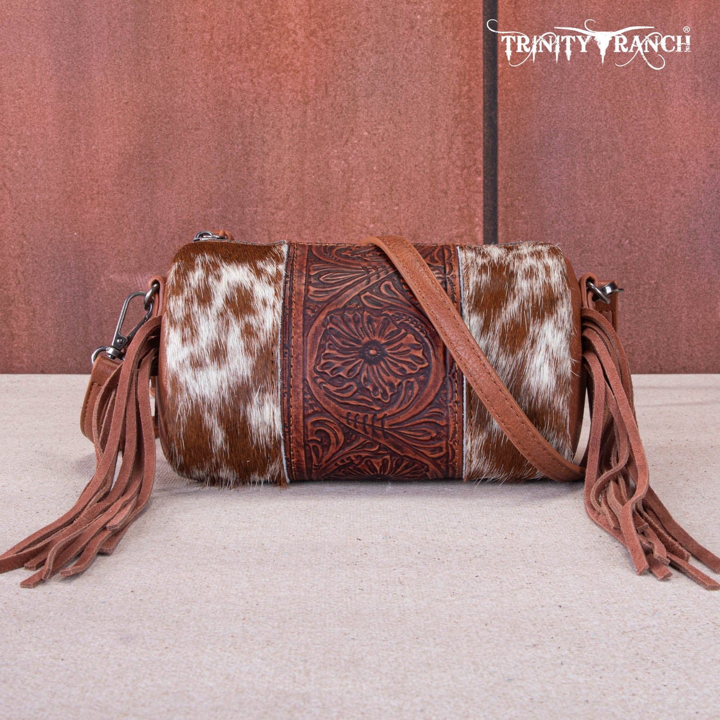 Montana West Trinity Ranch Genuine Hair-On Cowhide /Tooled Fringe Collection Barrel Crossbody