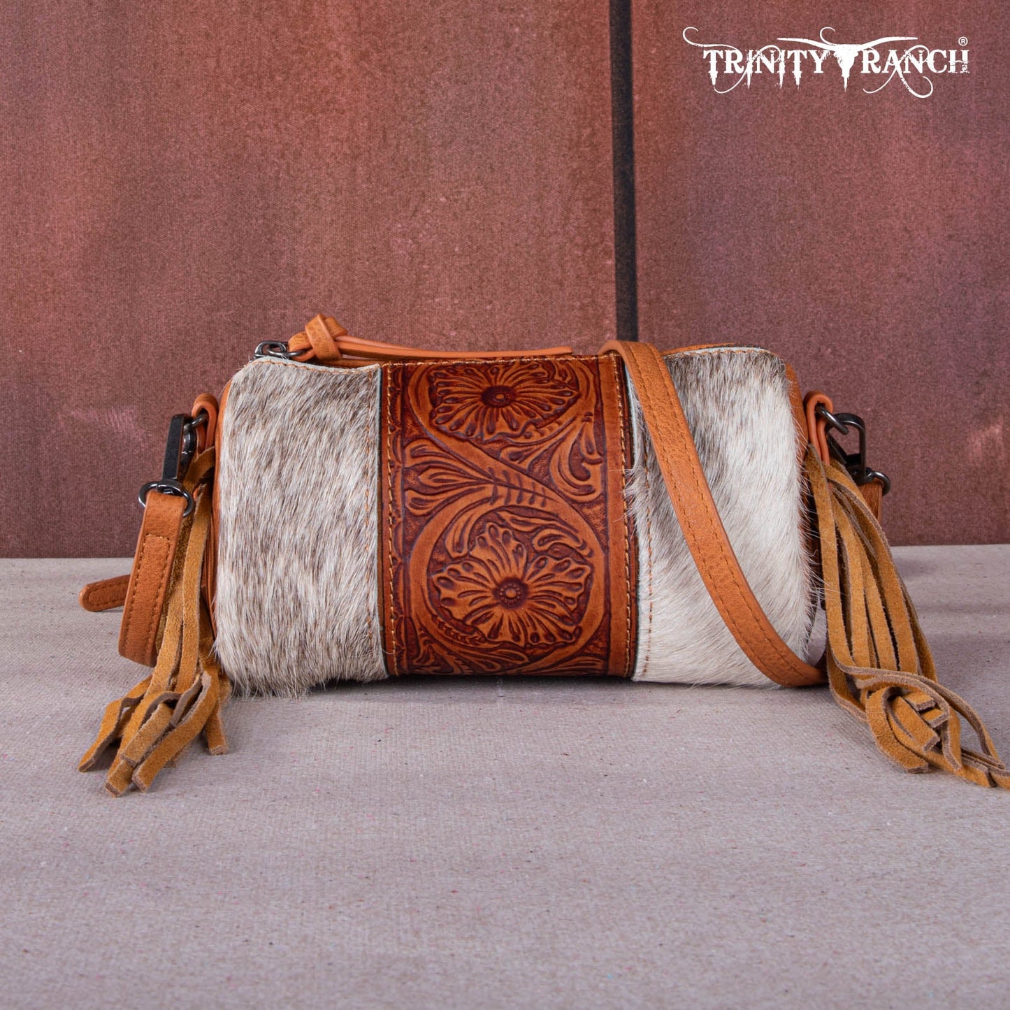 Montana West Trinity Ranch Genuine Hair-On Cowhide /Tooled Fringe Collection Barrel Crossbody