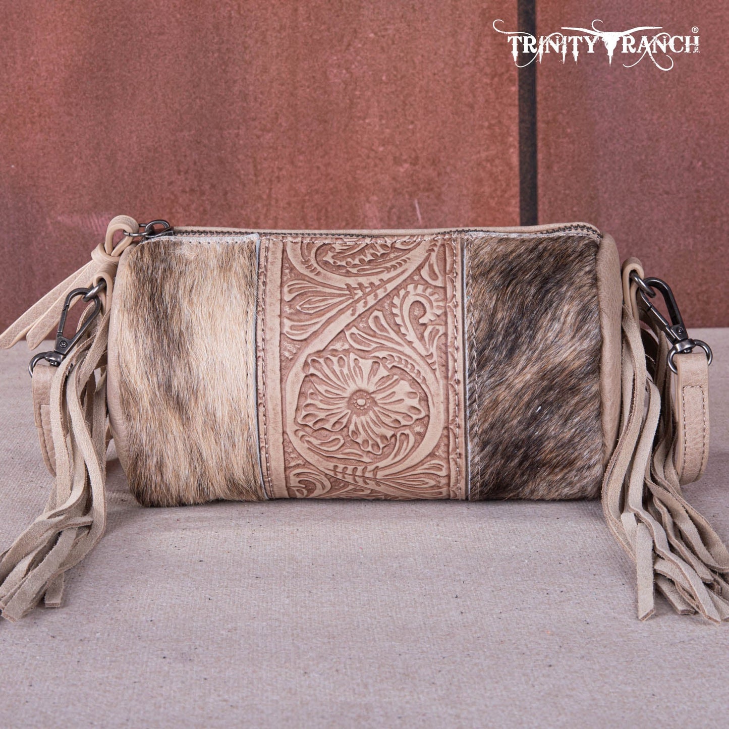 Montana West Trinity Ranch Genuine Hair-On Cowhide /Tooled Fringe Collection Barrel Crossbody