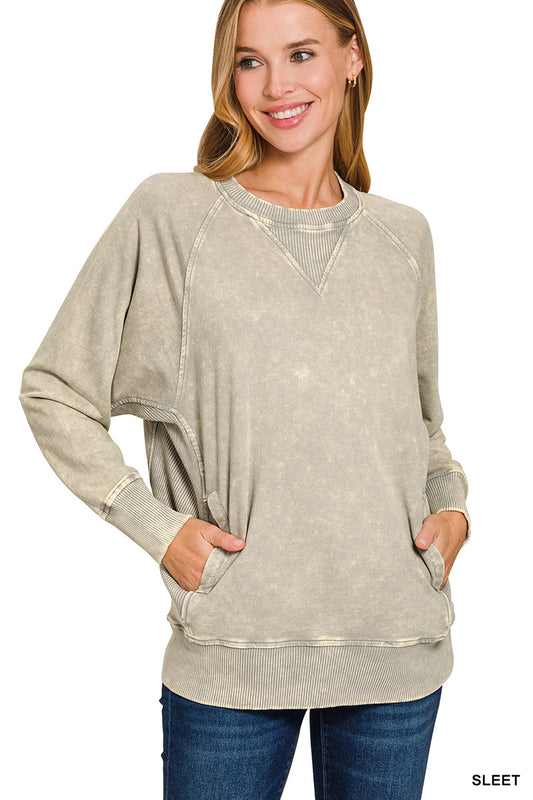 ACID WASHED FRENCH TERRY PULLOVER WITH POCKETS