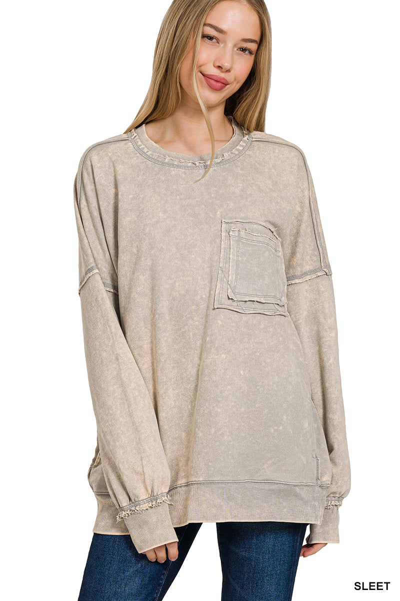 F/TERRY ACID WASH RAW EDGE FRONT POCKET PULLOVER