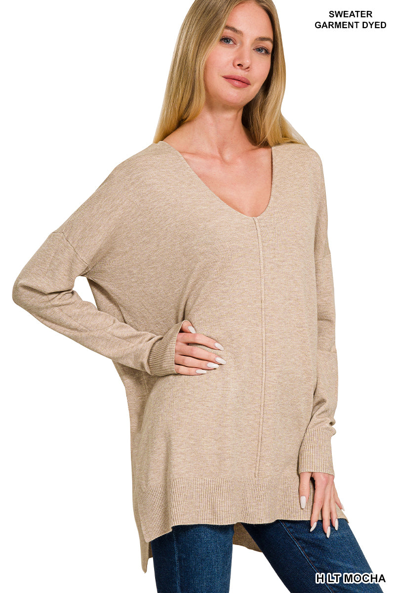 HI-LOW HEM V-NECK CENTER SEAM SWEATER