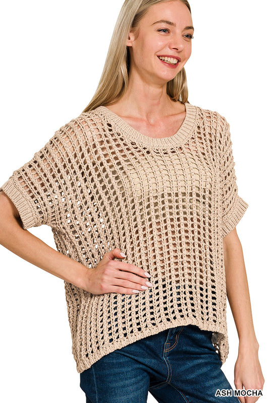 FISH NET SHORT SLEEVE CROCHET SWEATER