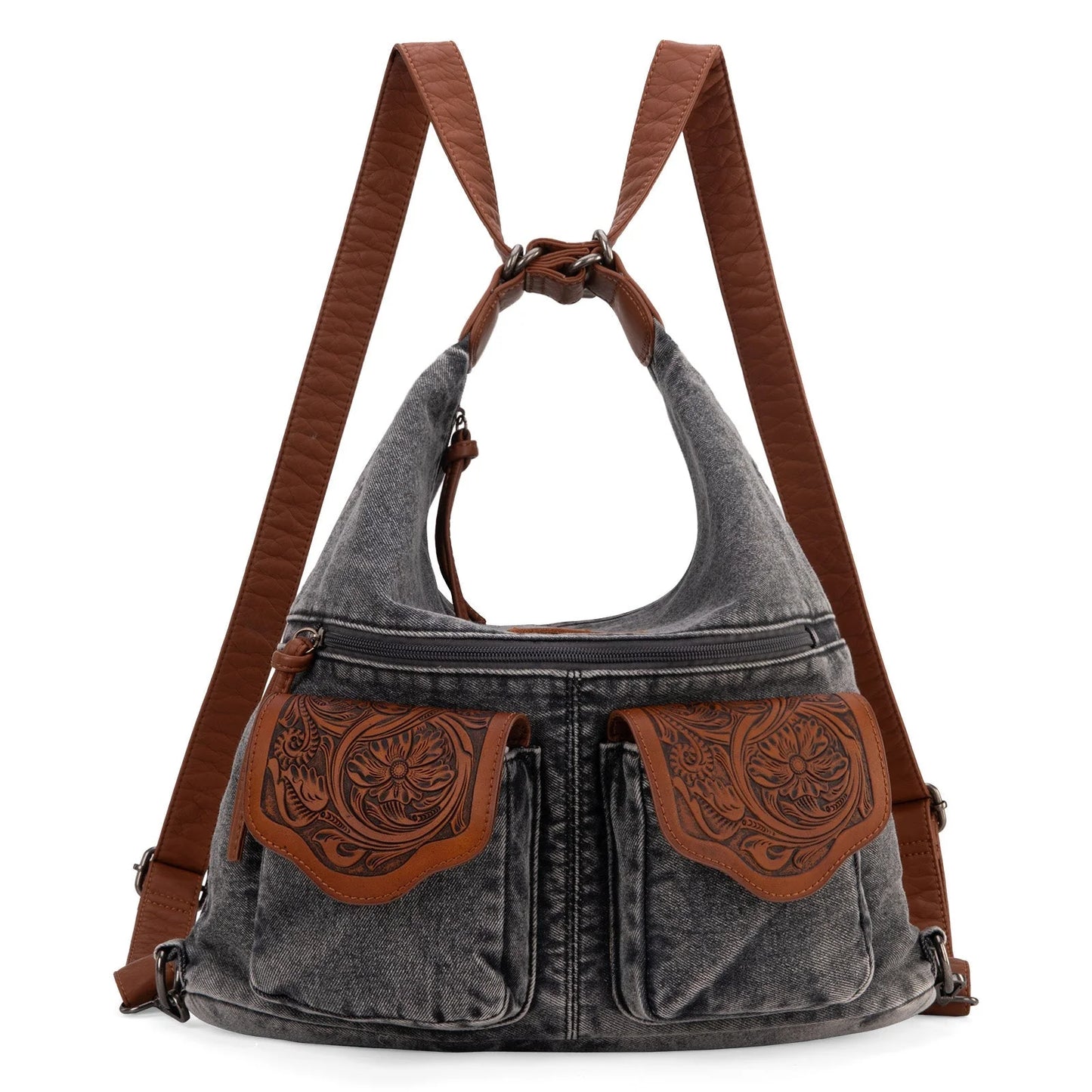 Montana West Wrangler Floral Tooled Denim Hobo/Crossbody Backpack (Convertible )