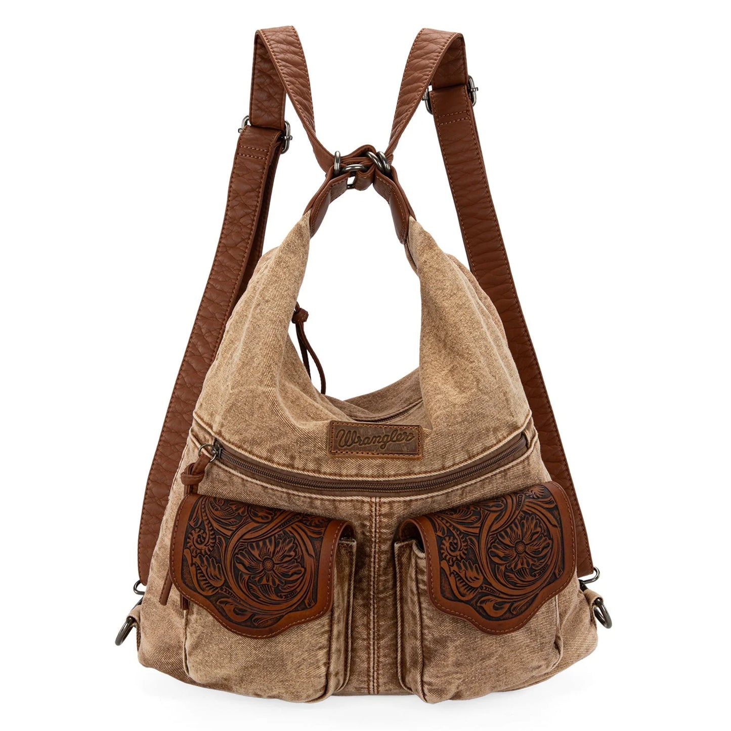 Montana West Wrangler Floral Tooled Denim Hobo/Crossbody Backpack (Convertible )