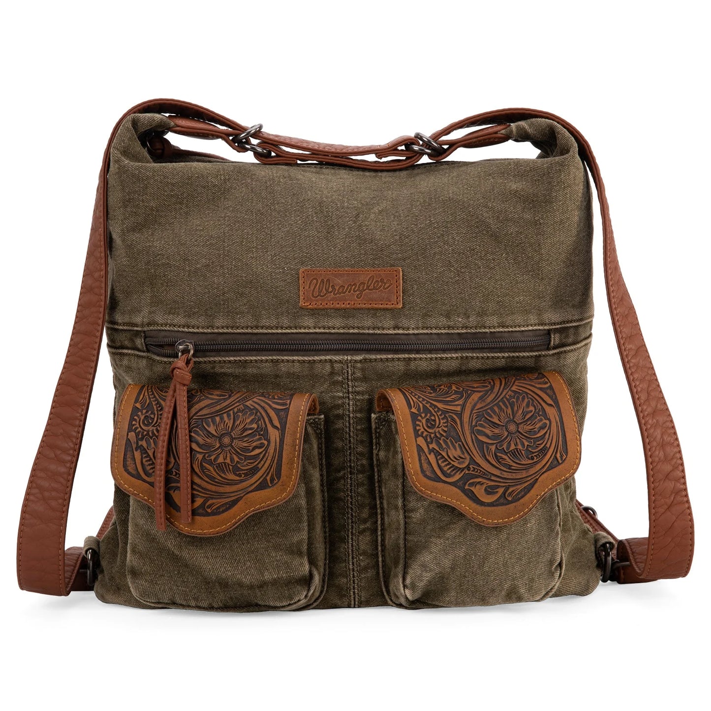 Montana West Wrangler Floral Tooled Denim Hobo/Crossbody Backpack (Convertible )