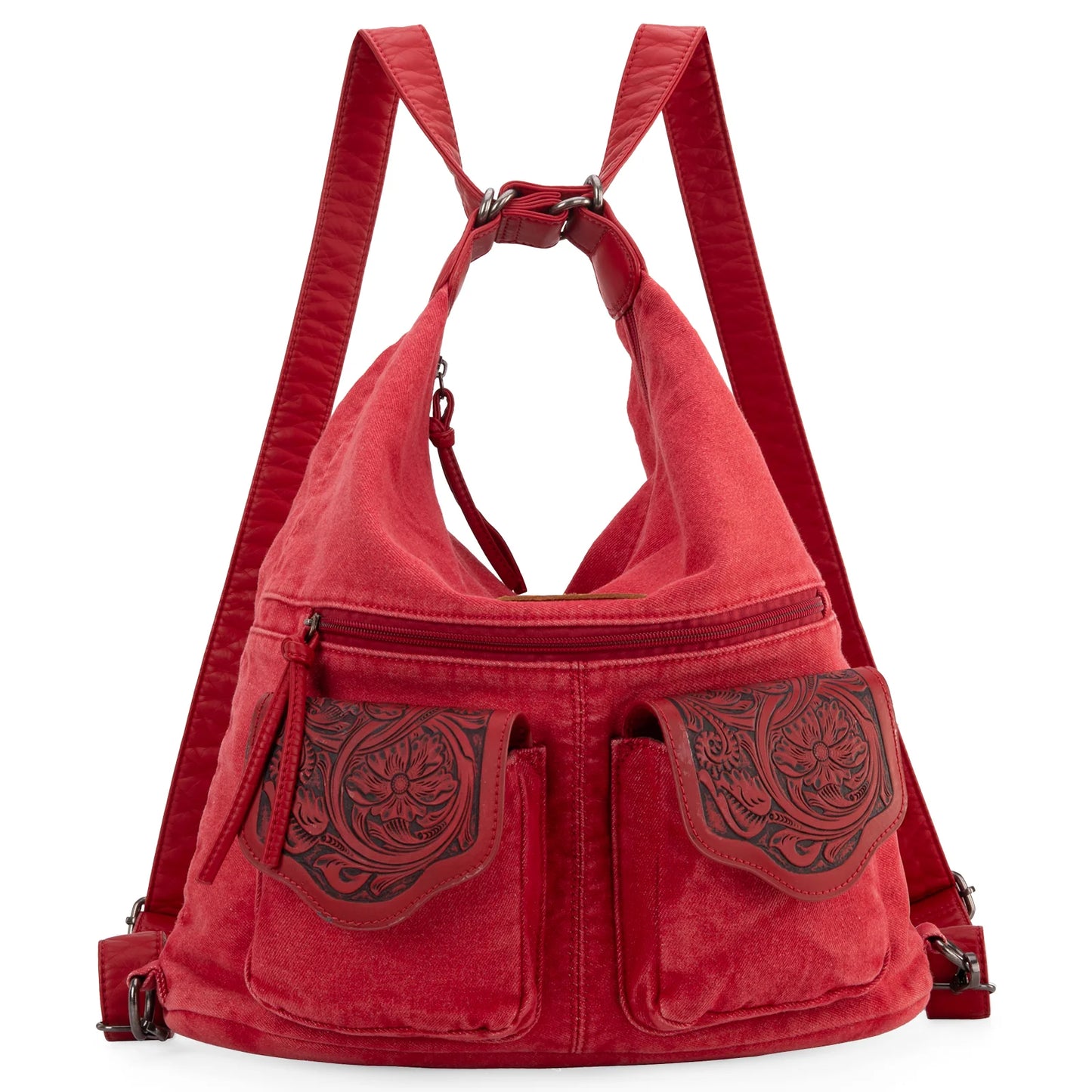 Montana West Wrangler Floral Tooled Denim Hobo/Crossbody Backpack (Convertible )