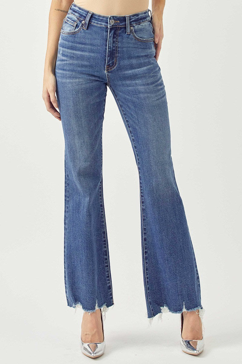 MID RISE RAW HEM FLARE JEANS