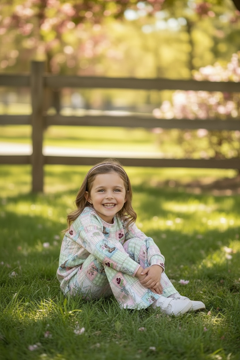 Multi- printed western patch girls 2 piece set.