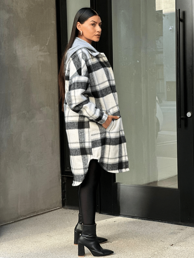 Oversize Long Flannel Plaid Shacket with Hoodie