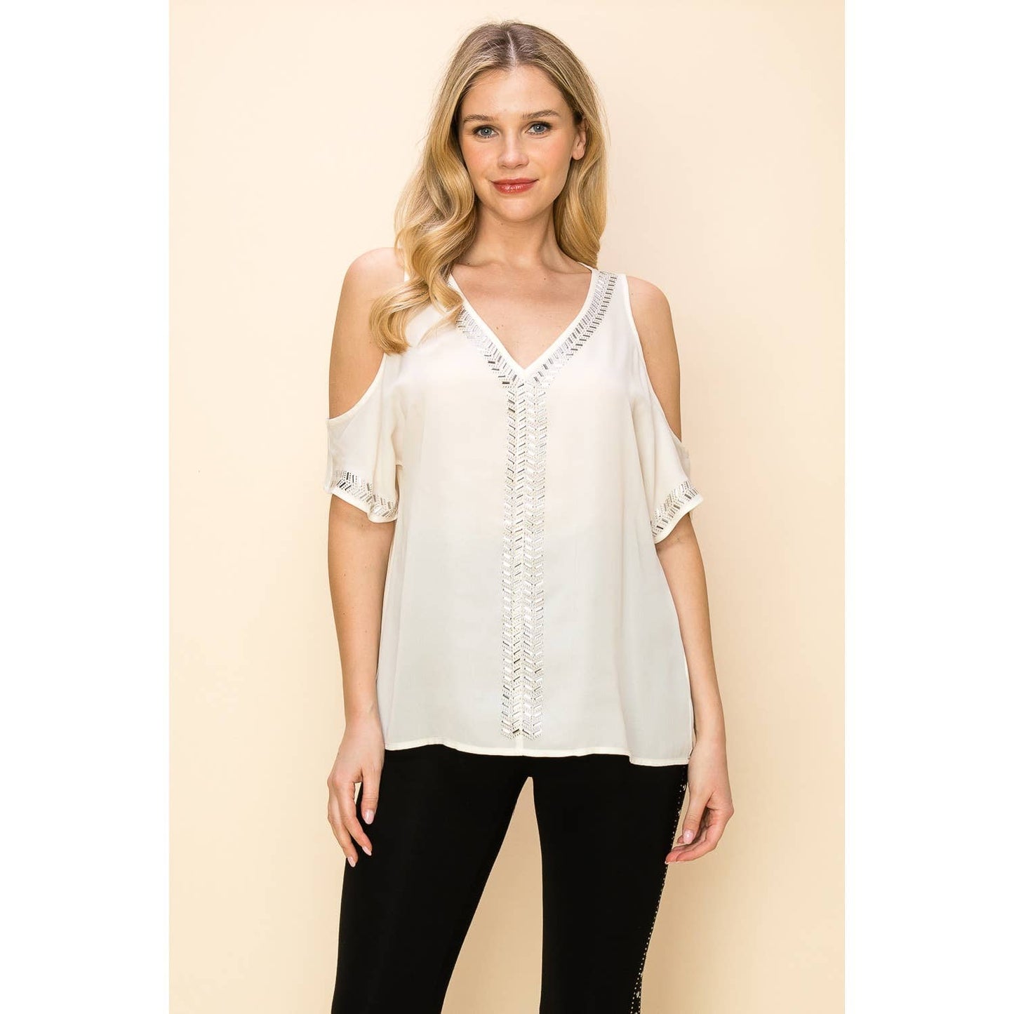 VOCAL - EMBELLISHED COLD SHOULDER SHORT SLEEVE BLOUSE