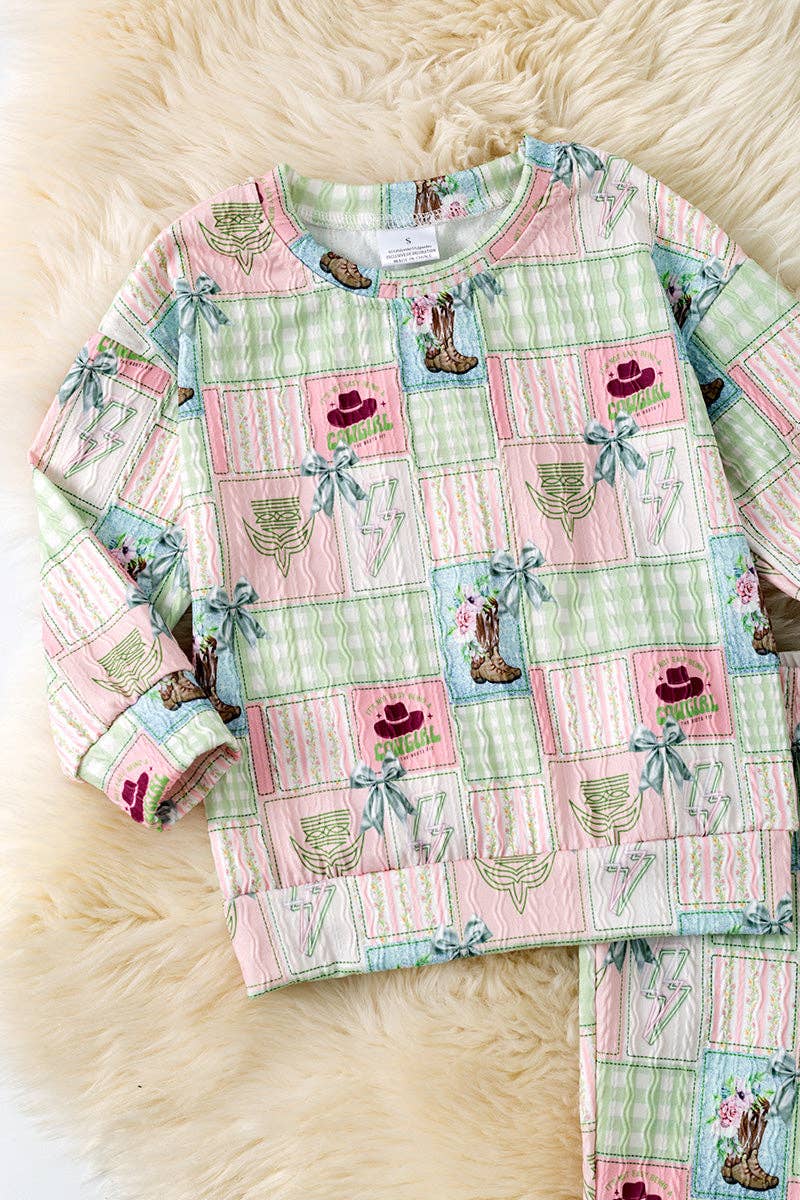 Multi- printed western patch girls 2 piece set.