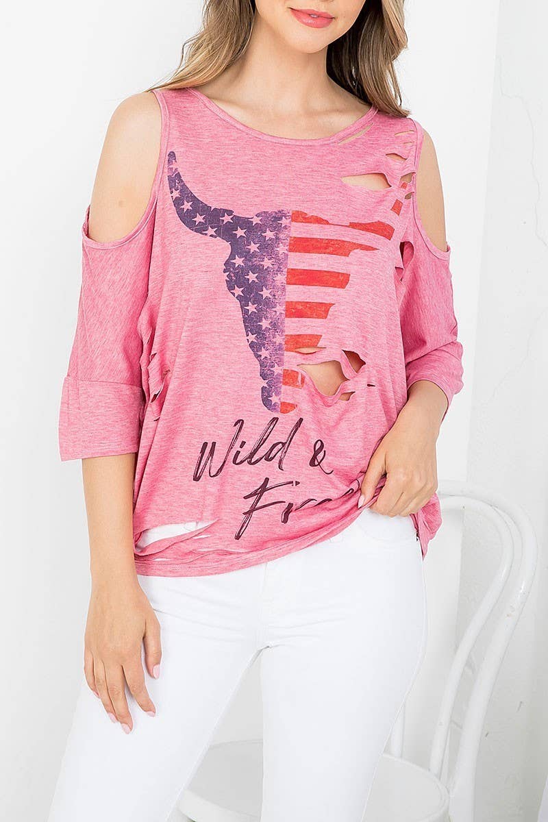 BULL HEAD  WILD N FREE  DISTRESSED BATWING TOP