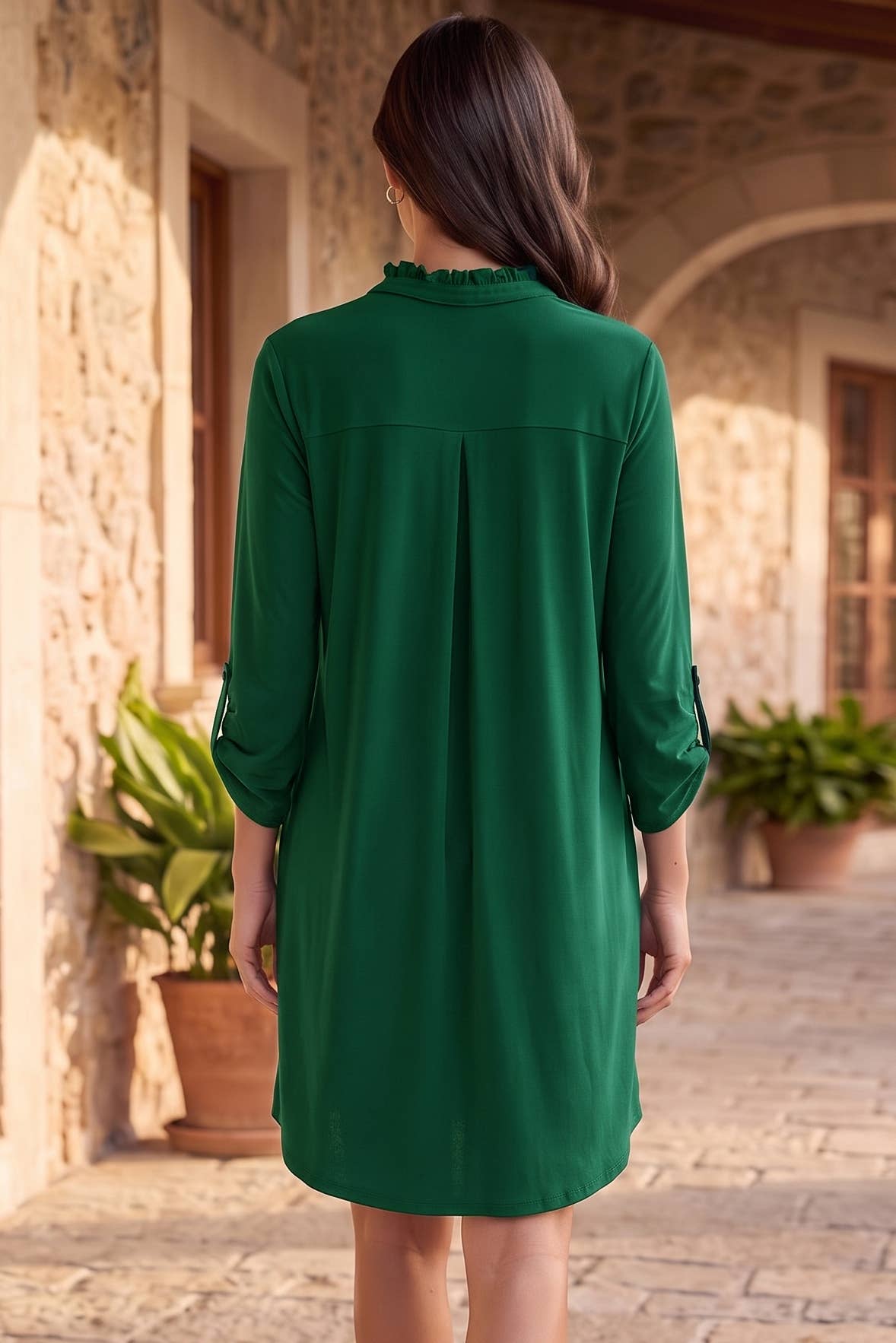 Ruffle Neckline A-Line Lizzy 3/4 Sleeve Dress