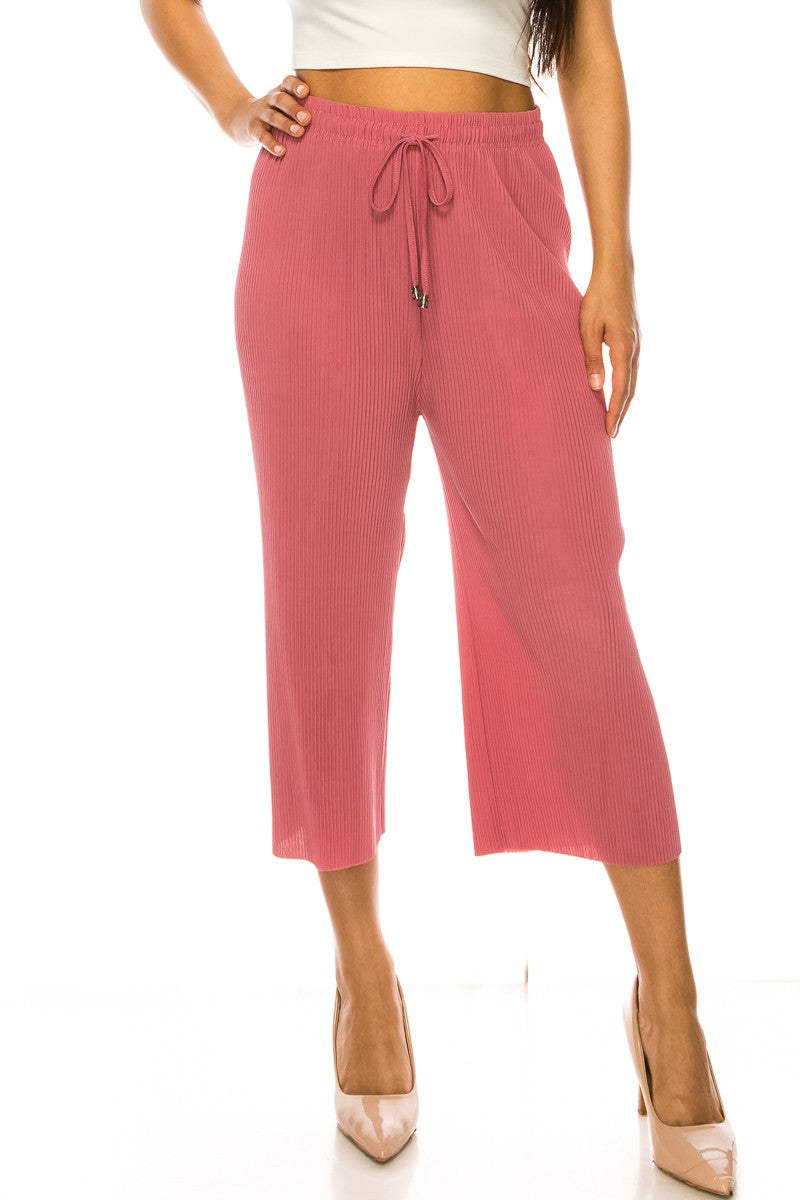 Solid Pleated Drawstring Cropped Wide Leg Pant