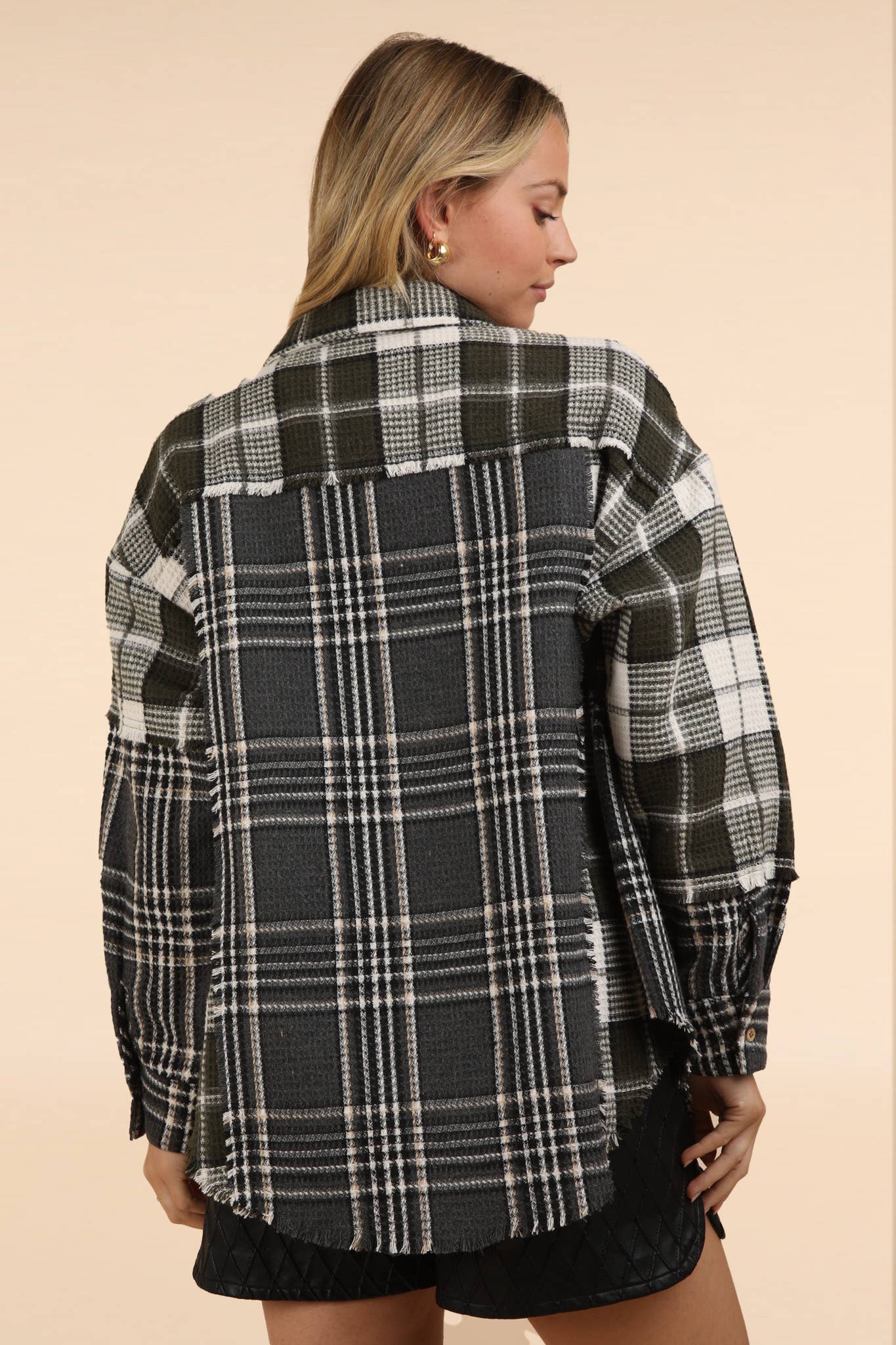 Mixed Plaid Oversized Casual Shacket Jacket