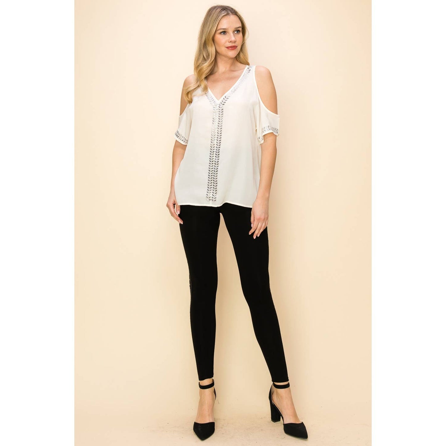 VOCAL - EMBELLISHED COLD SHOULDER SHORT SLEEVE BLOUSE