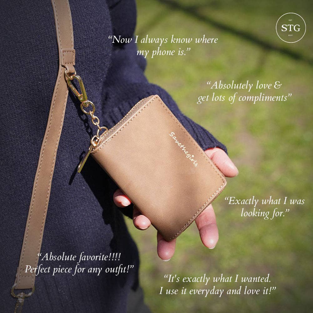 Save The Girls - Clip & Go Strap w/Pouch Brushed Vegan Leather: Brown - Brown Pouch