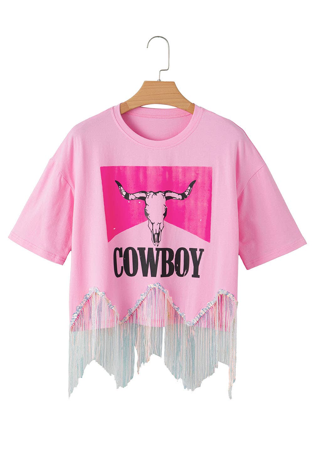 Aapparella - Women COWBOY Western Print Sequin Fringed Graphic Tee |