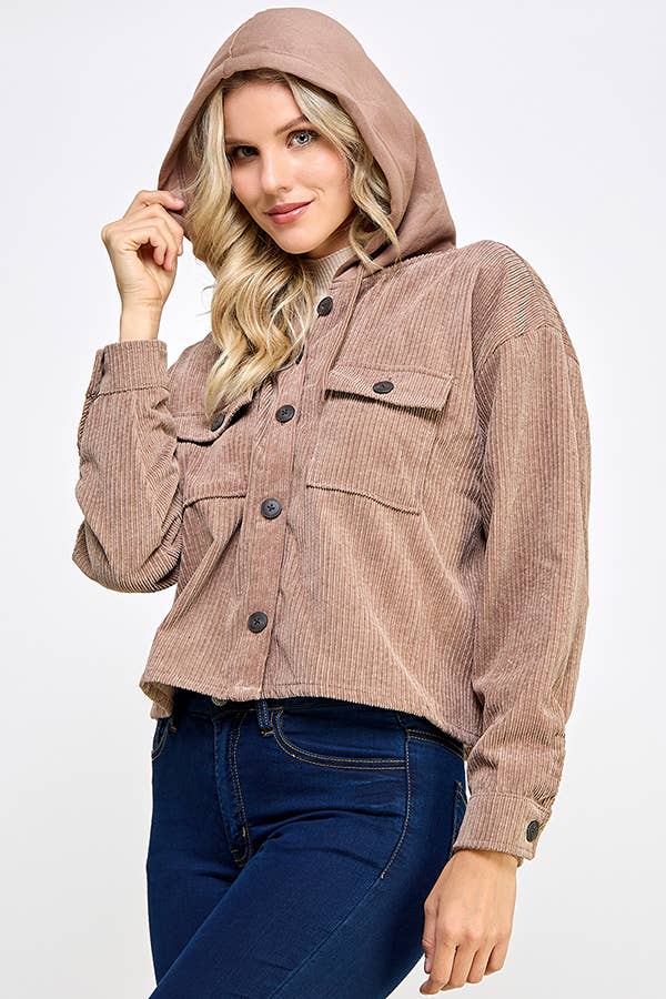 Women Corduroy Oversized Shacket, Hooded Shirt Jacket