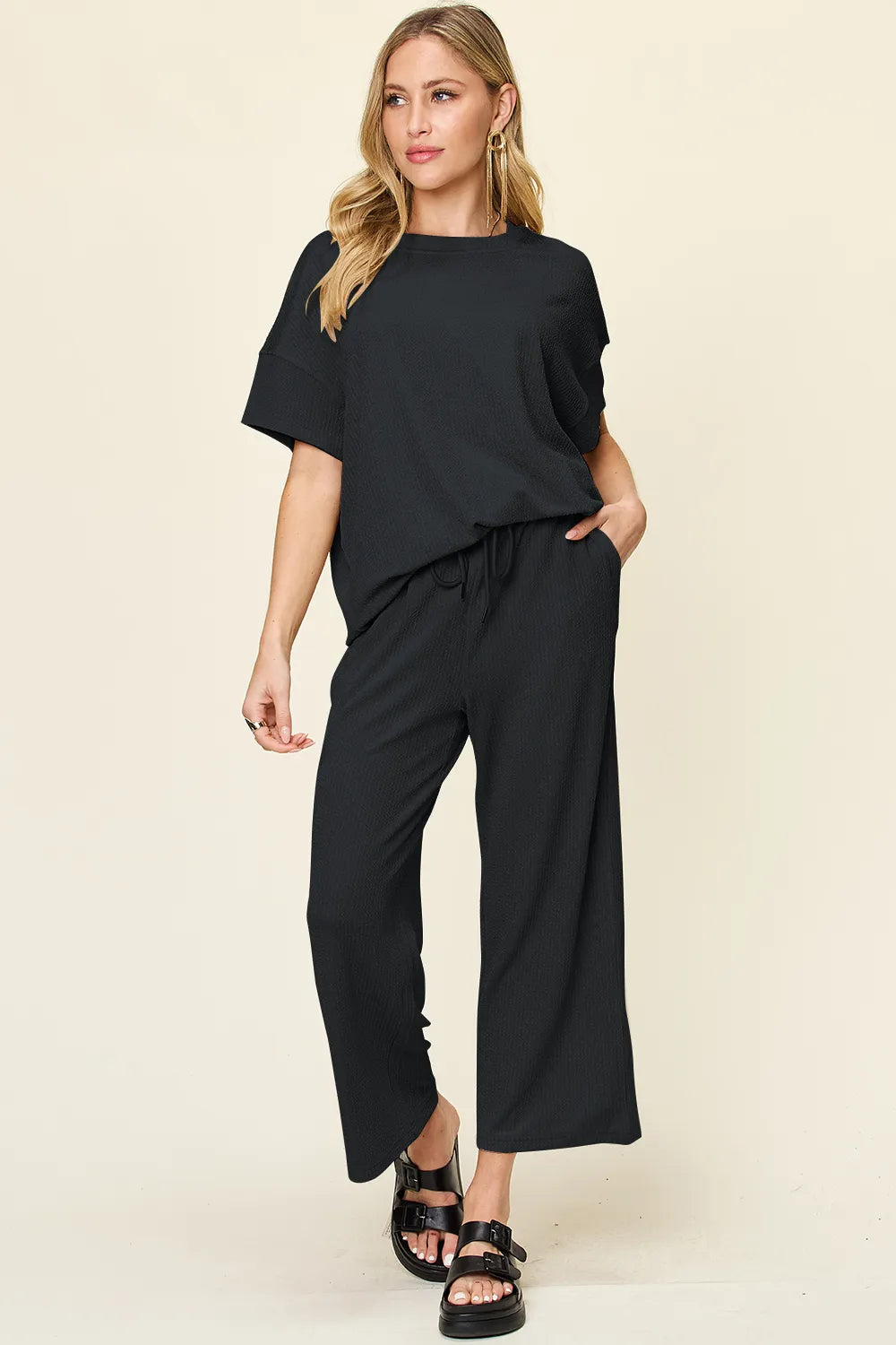 Full Size Texture Round Neck Short Sleeve T-Shirt and Wide Leg Pants