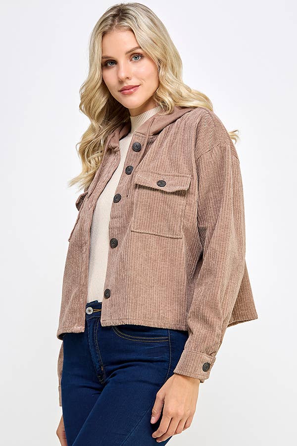 Women Corduroy Oversized Shacket, Hooded Shirt Jacket