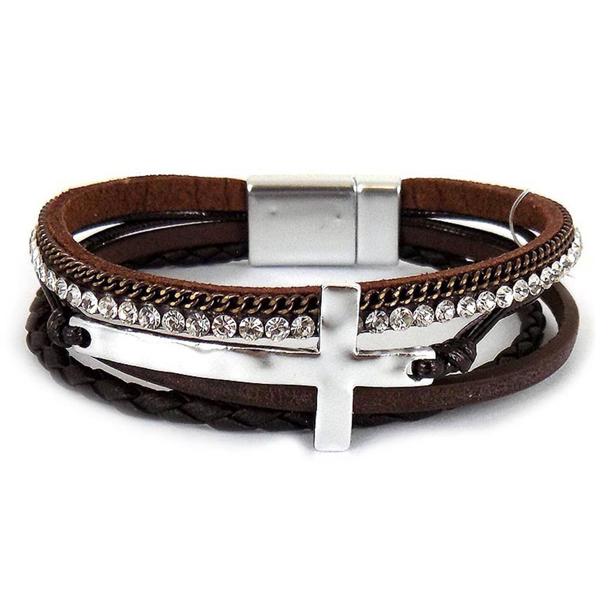 Suzie Q USA - Hammered Cross Leather Strap Magnetic Bracelet