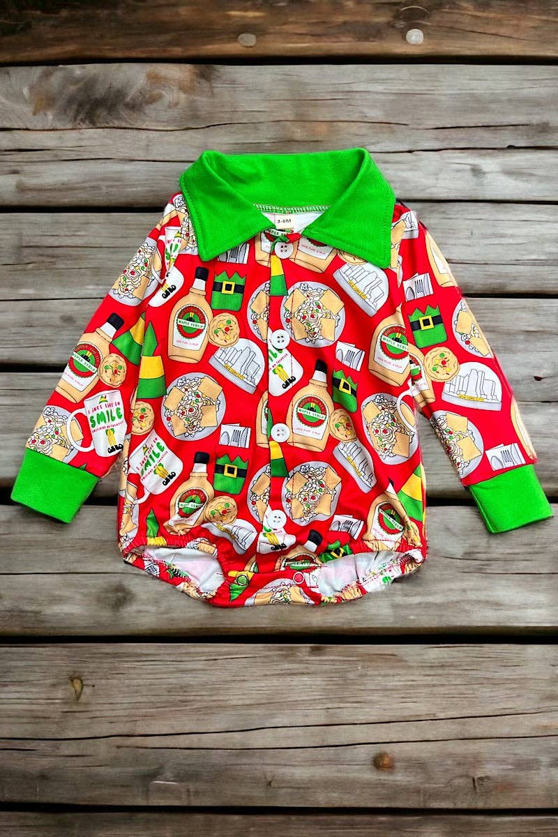 Multi-printed baby bodysuit w/collar. LR060704