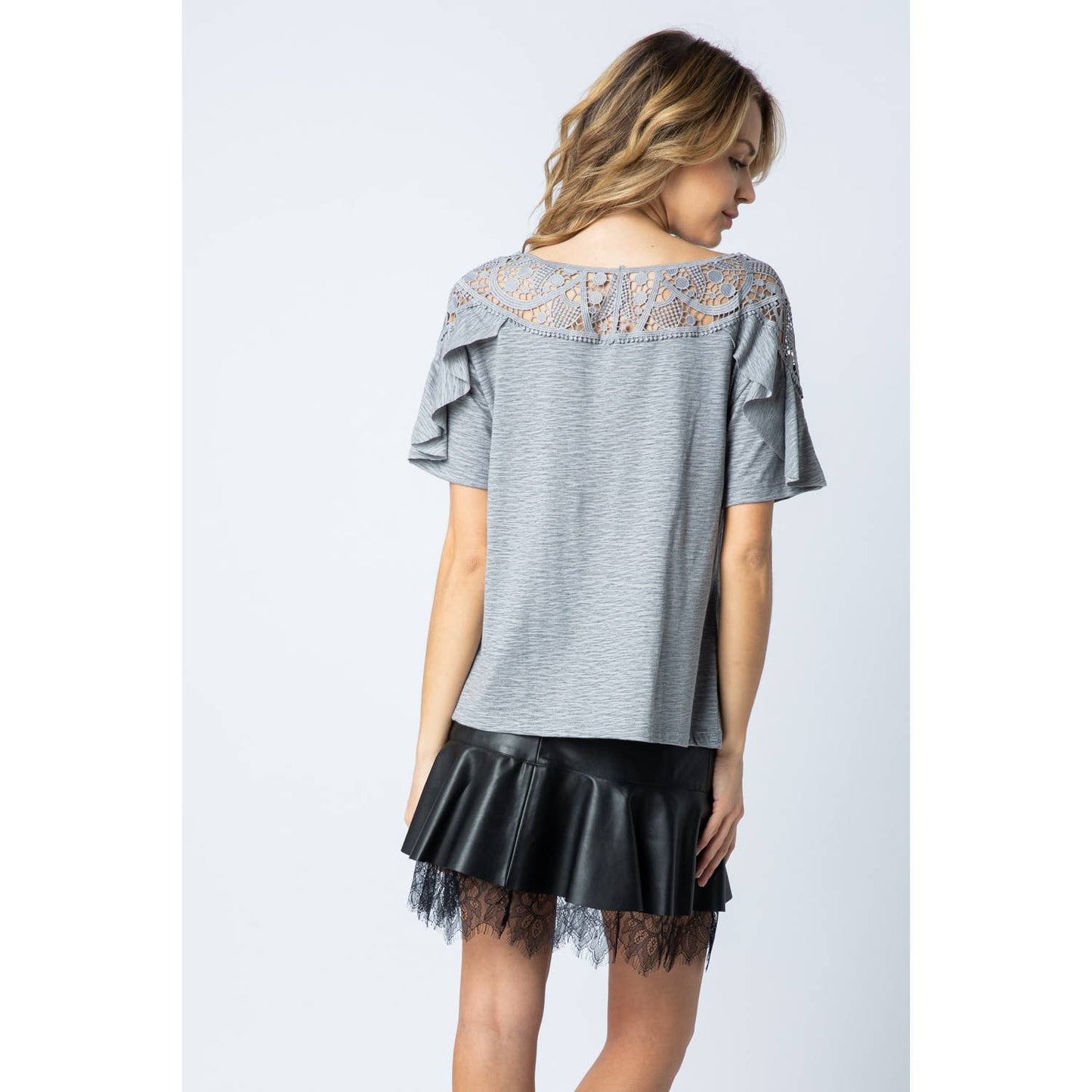 VOCAL - CROCHET LACE CONTRAST YOKE RUFFLE SHORT SLEEVE KNIT TOP