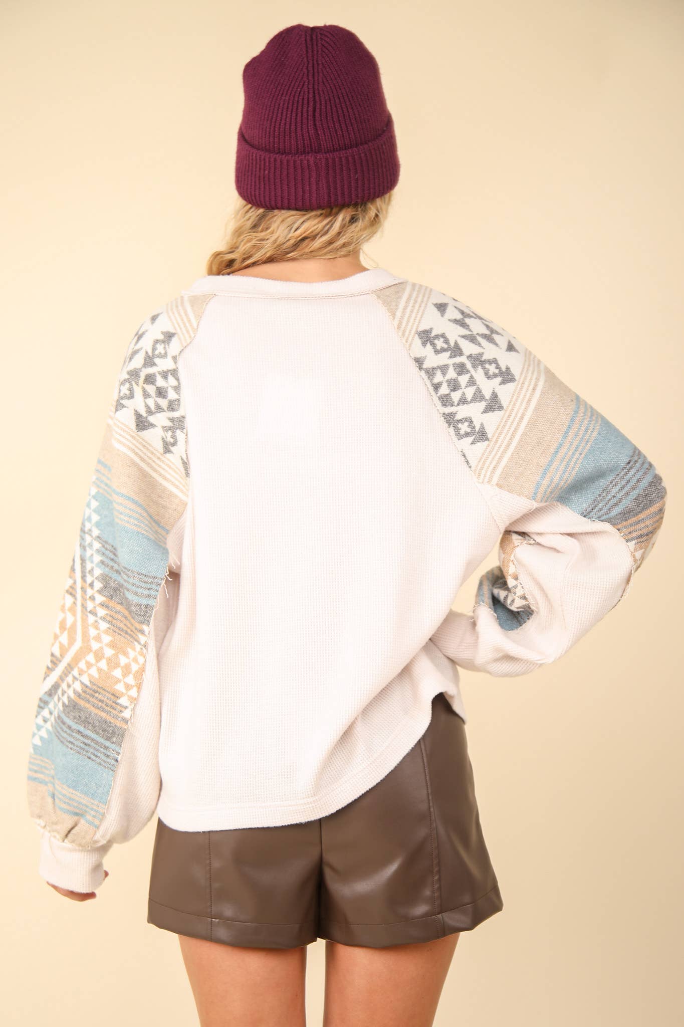 Aztec Printed Sleeve Oversized Cozy Knit Top