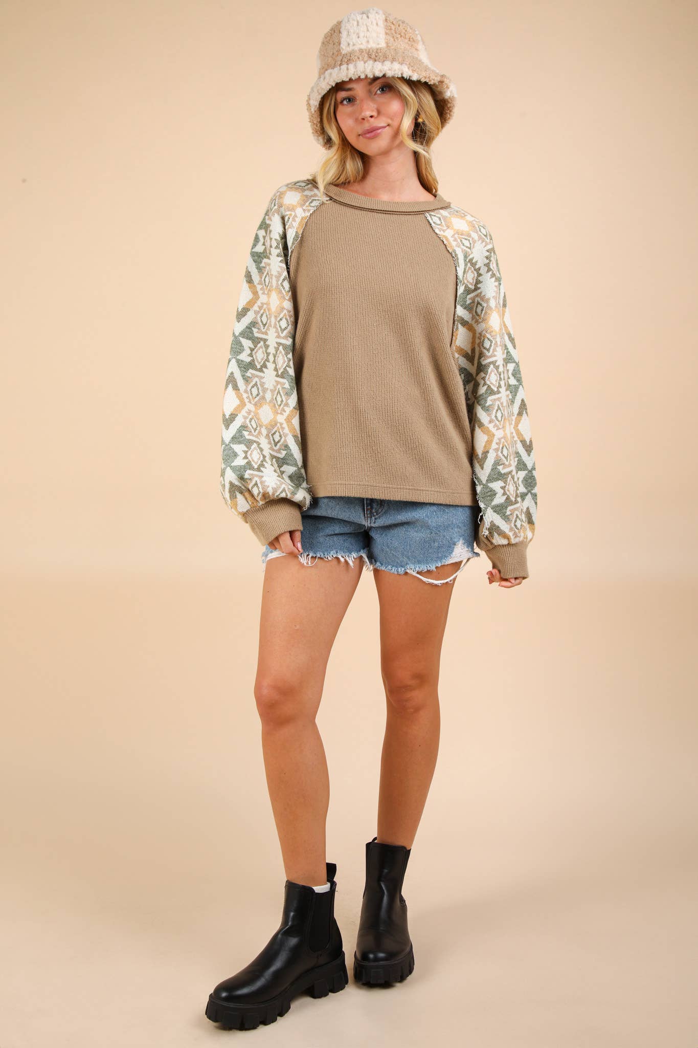 Aztec Printed Sleeve Oversized Cozy Knit Top