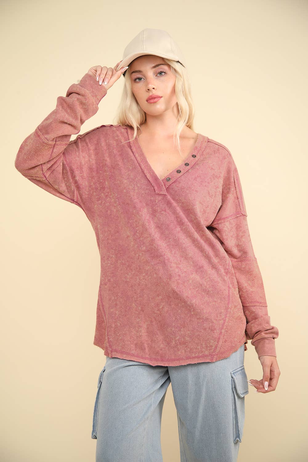 Washed Knit V-Neck Oversized Top