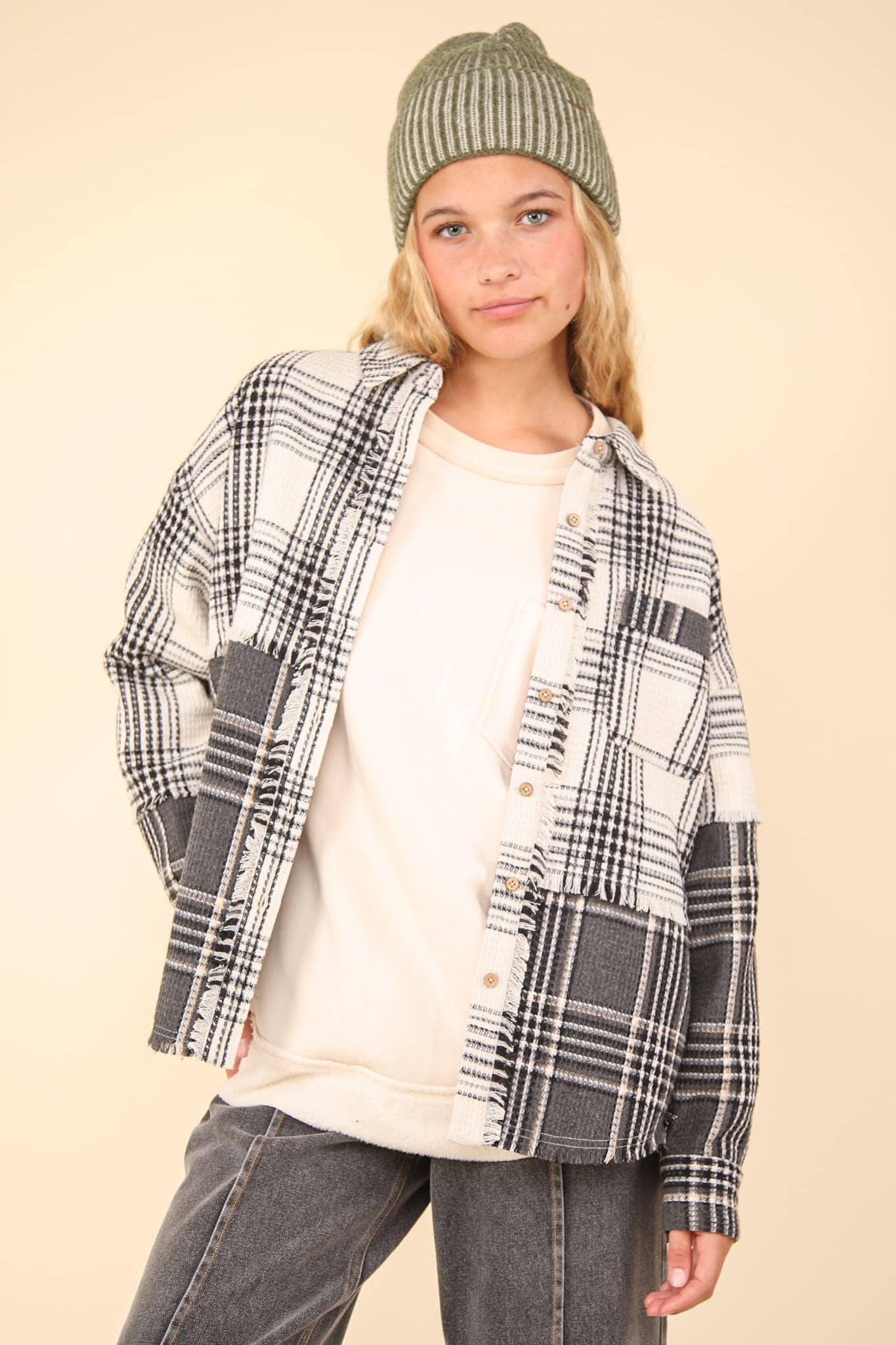 Mixed Plaid Oversized Casual Shacket Jacket