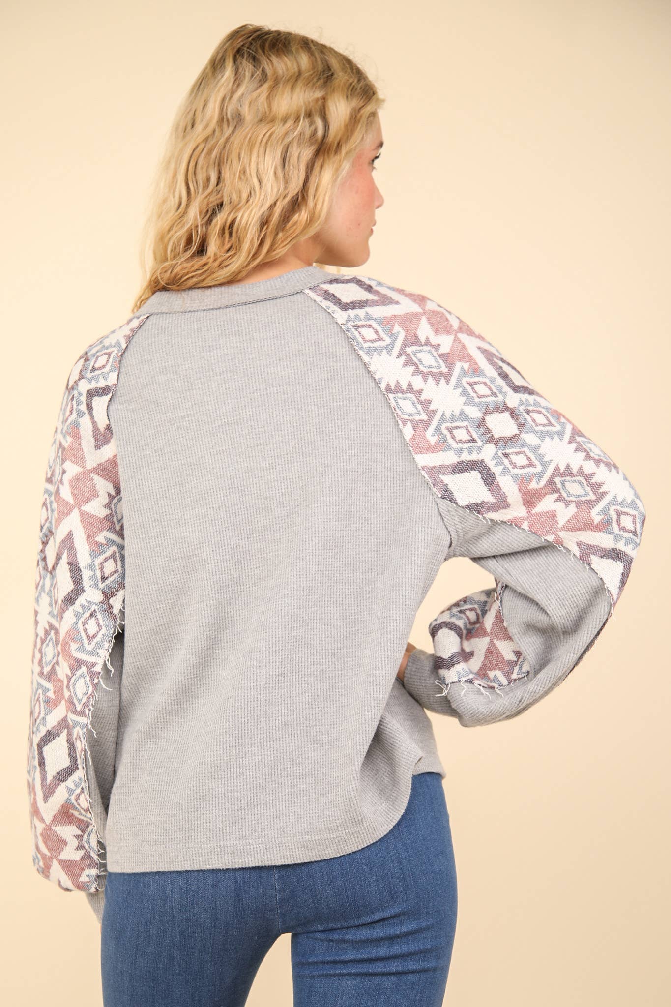 Aztec Printed Sleeve Oversized Cozy Knit Top