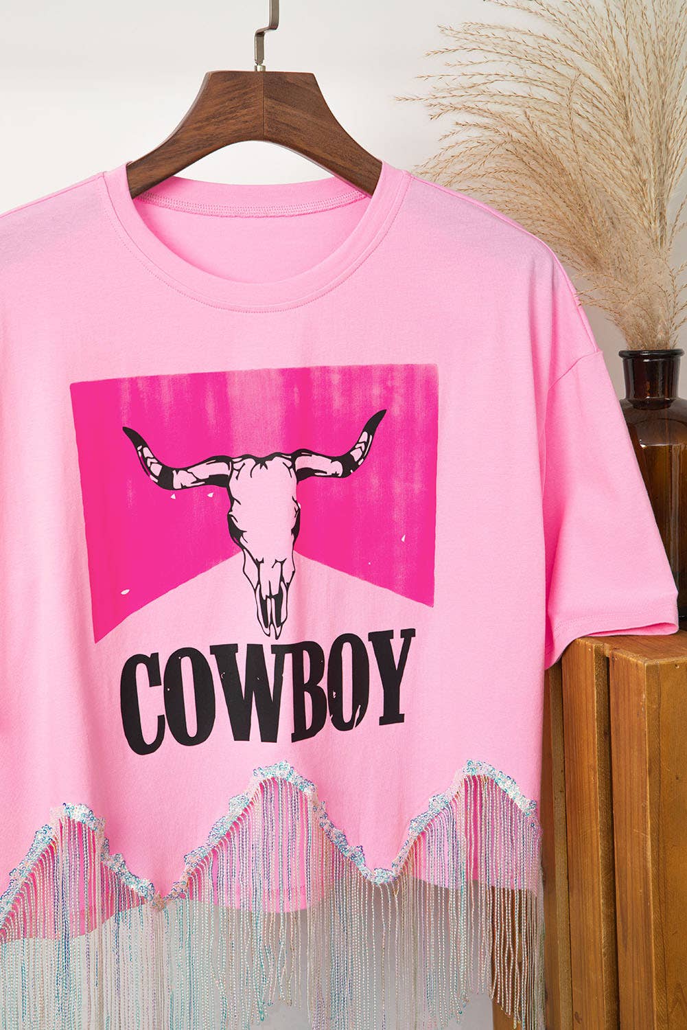 Aapparella - Women COWBOY Western Print Sequin Fringed Graphic Tee |