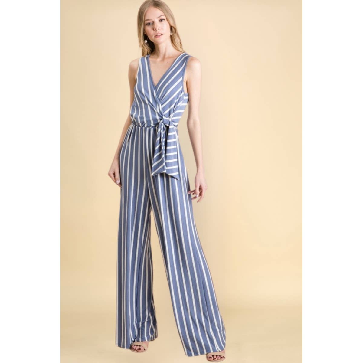 Striped Tie Keyhole Back Jumpsuit