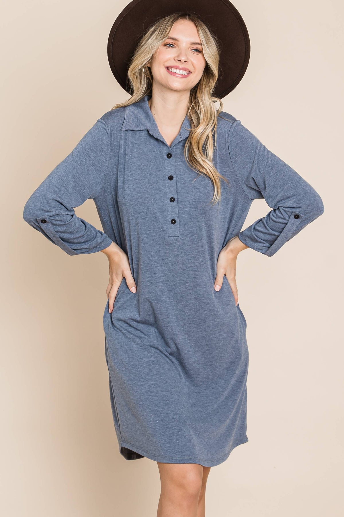 Solid Button Up Knee Dress