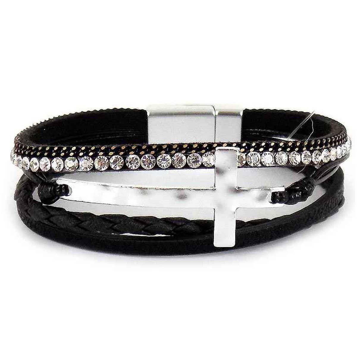 Suzie Q USA - Hammered Cross Leather Strap Magnetic Bracelet