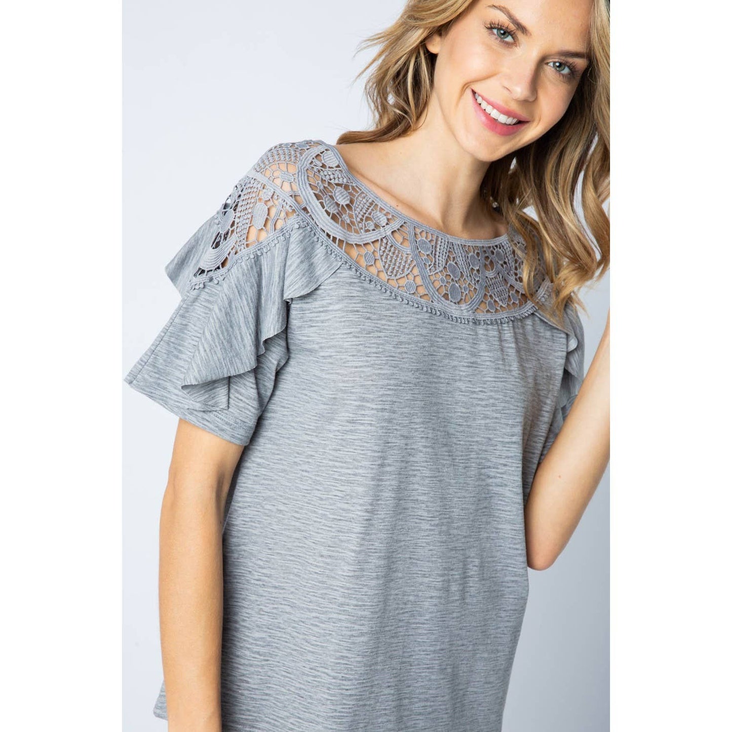 VOCAL - CROCHET LACE CONTRAST YOKE RUFFLE SHORT SLEEVE KNIT TOP