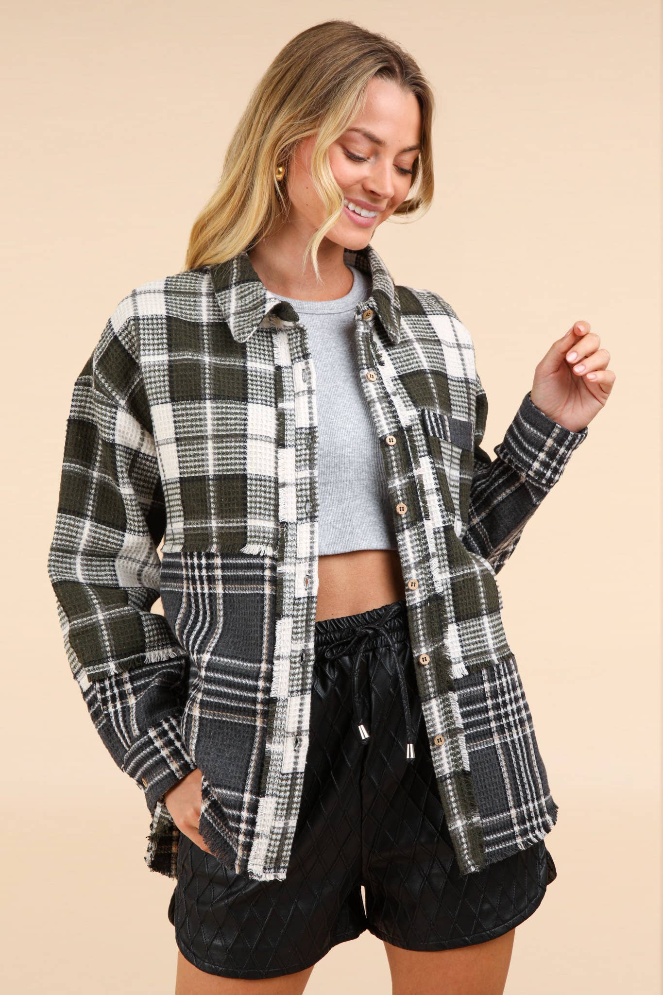 Mixed Plaid Oversized Casual Shacket Jacket