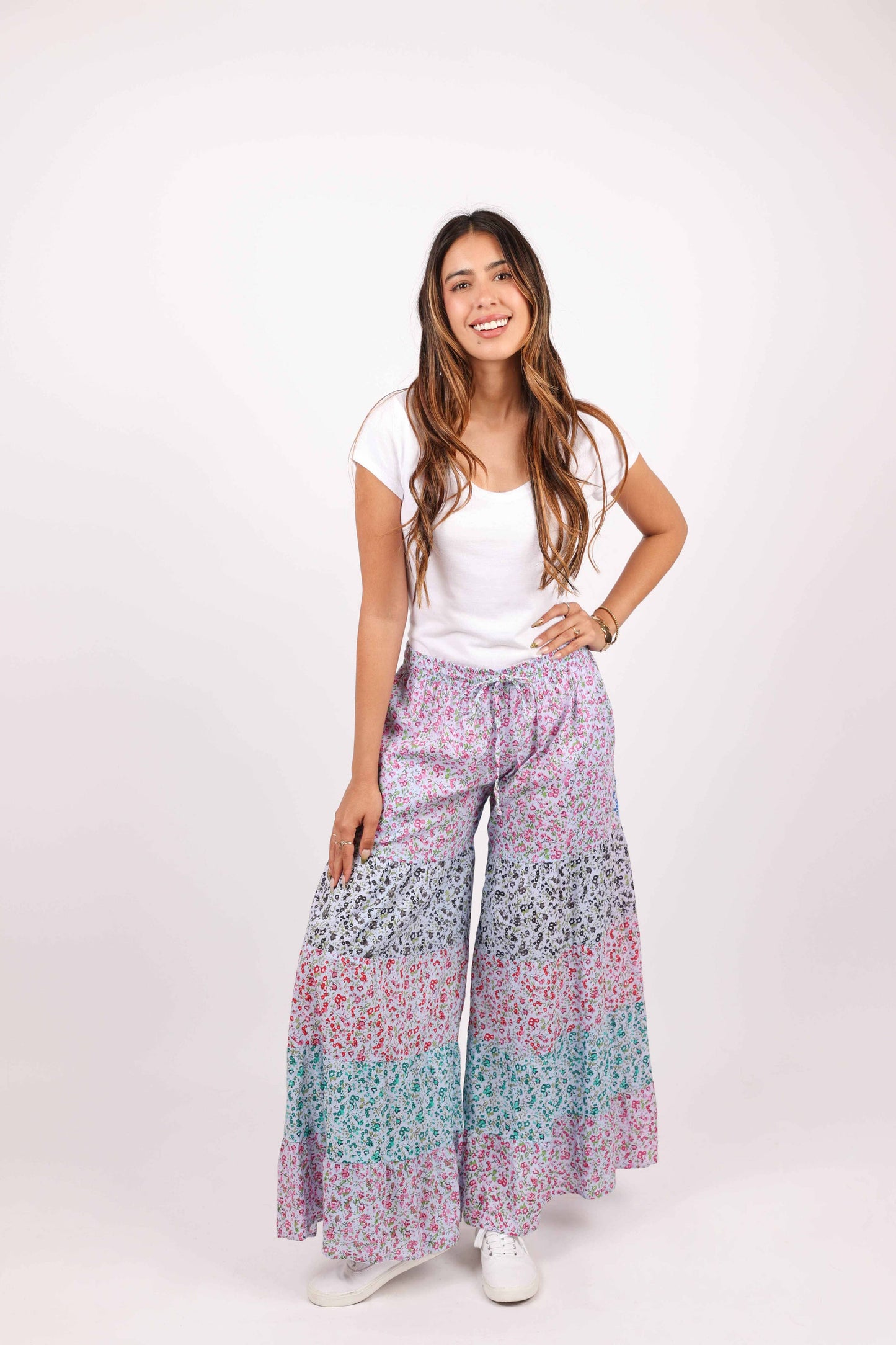 Blue Ditsy Print Cotton Palazzo Pants