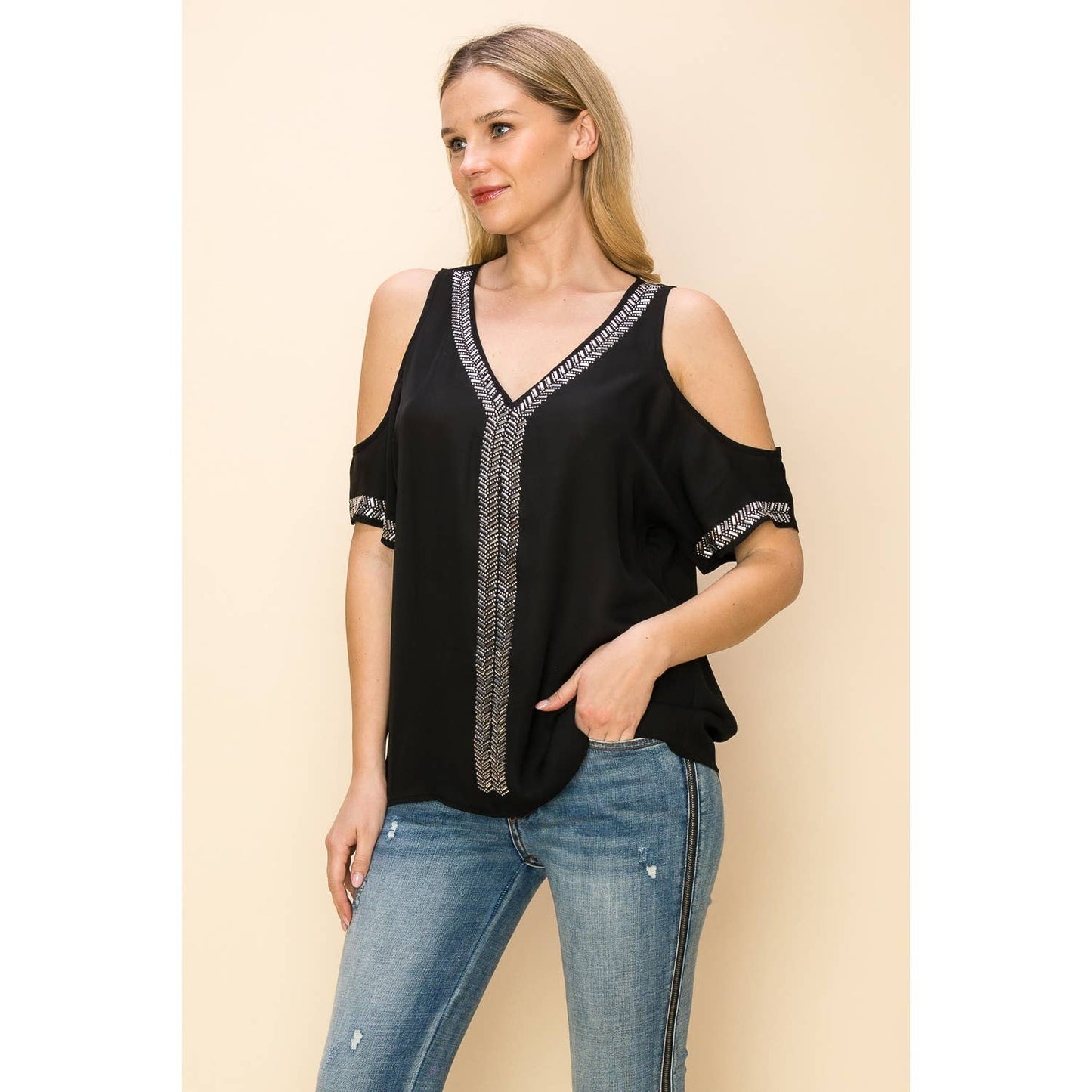 VOCAL - EMBELLISHED COLD SHOULDER SHORT SLEEVE BLOUSE