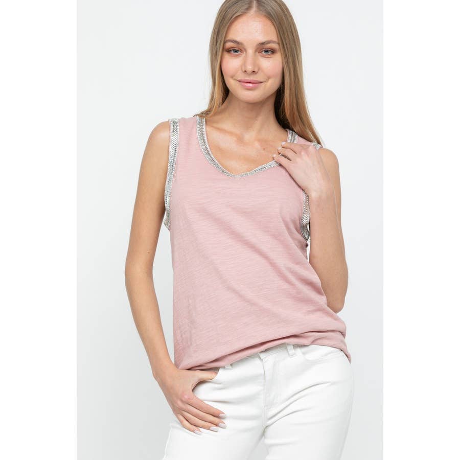 VOCAL - BEJEWELED ROUND NECK SLEEVELESS TANK TOP