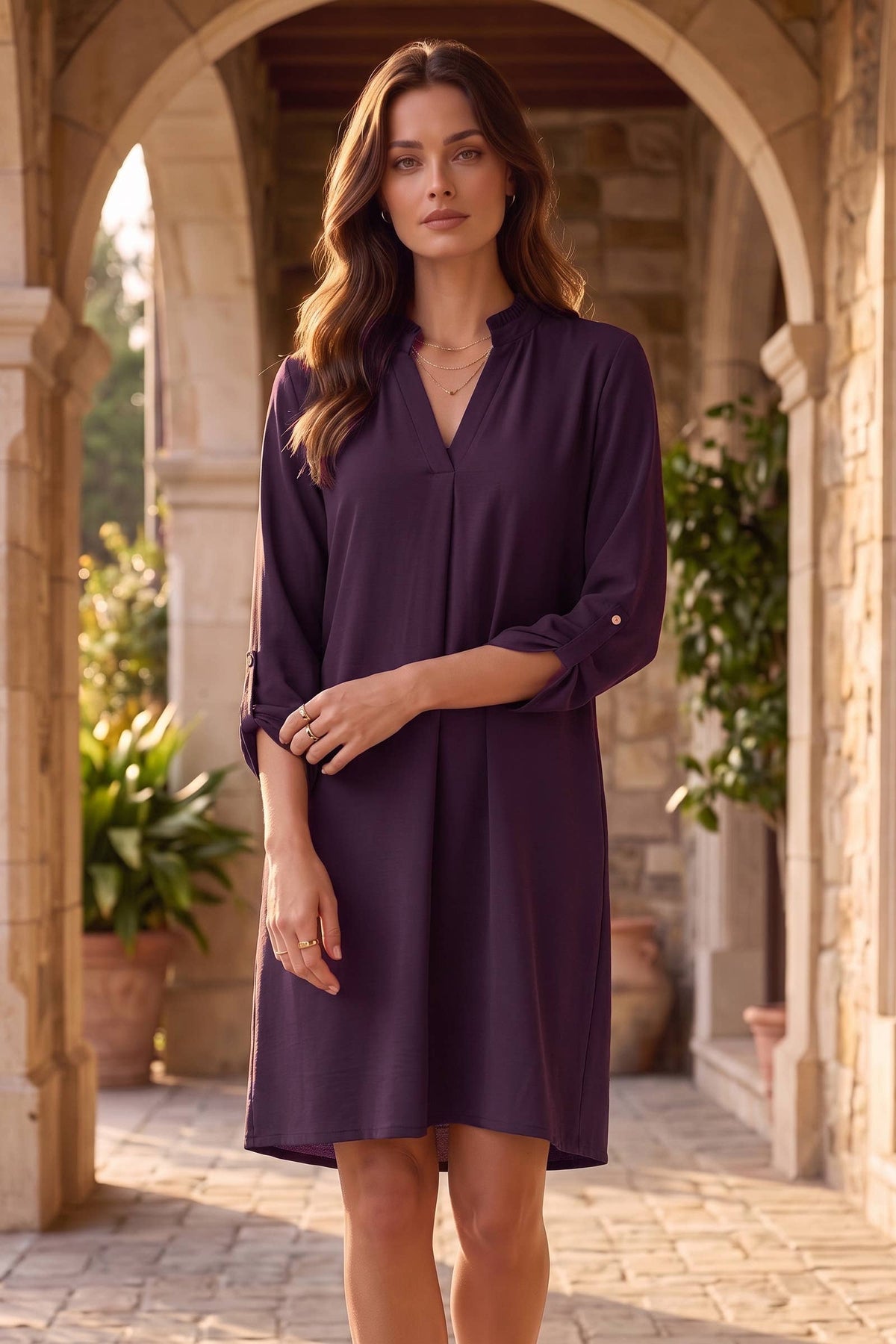 Ruffle Neckline A-Line Lizzy 3/4 Sleeve Dress