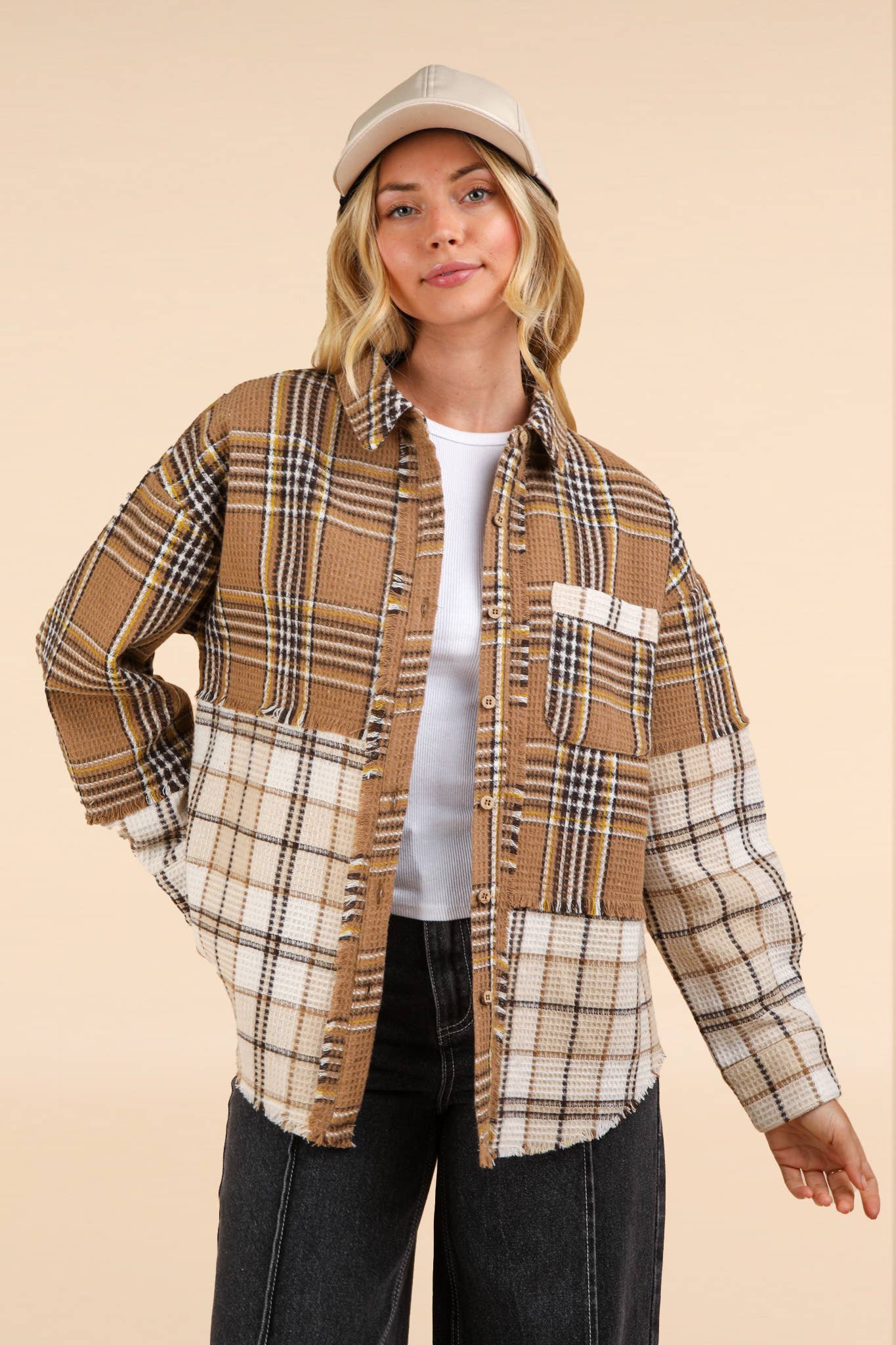 Mixed Plaid Oversized Casual Shacket Jacket