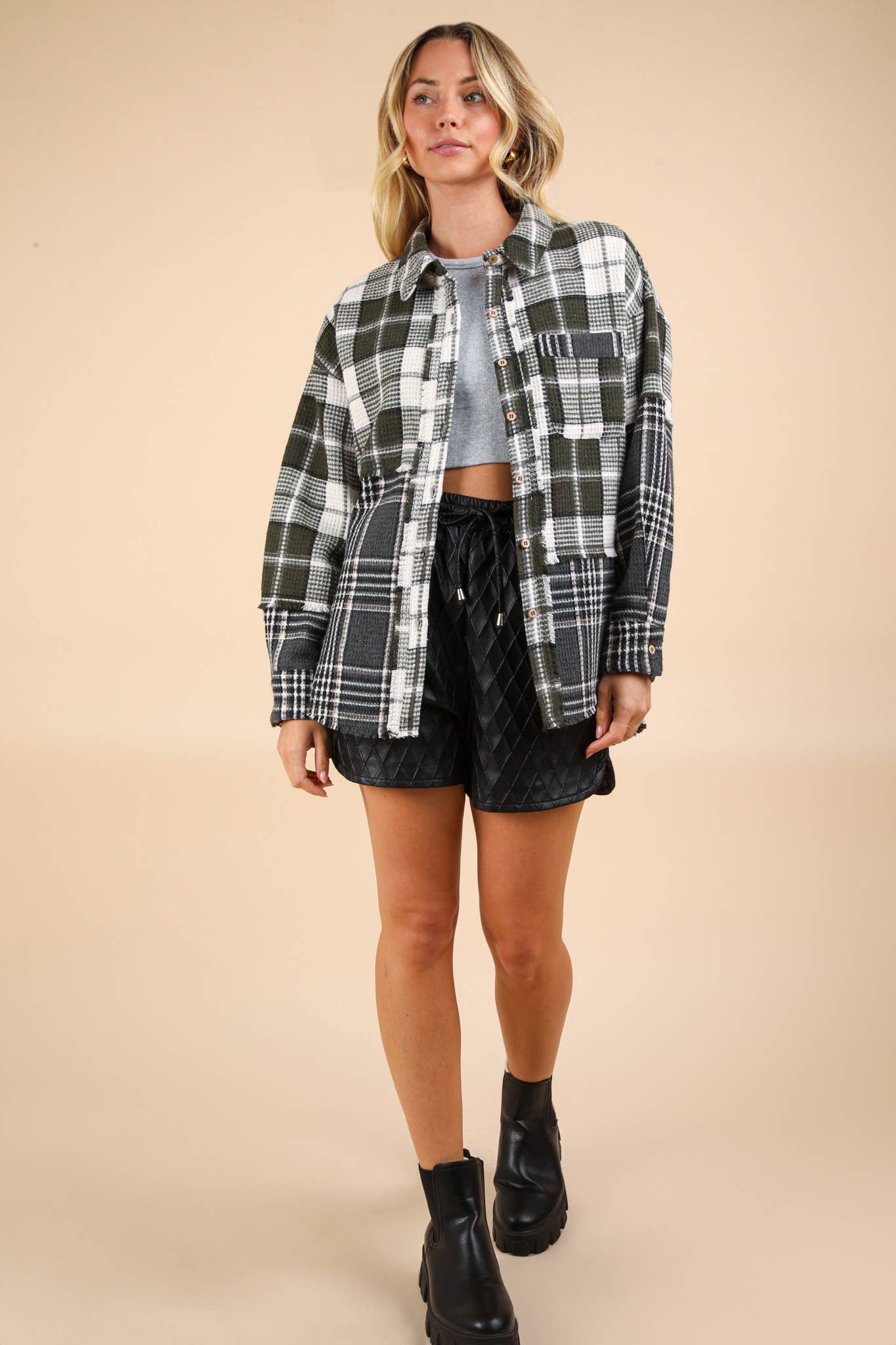 Mixed Plaid Oversized Casual Shacket Jacket