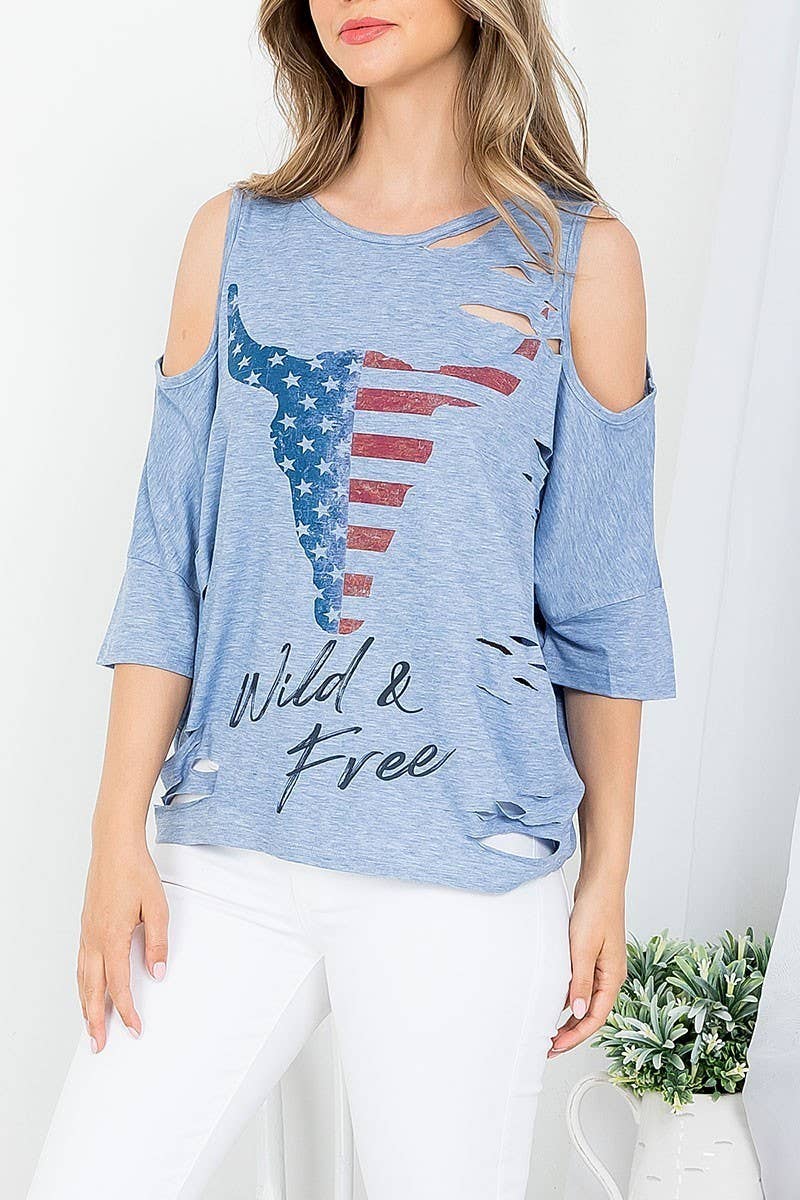 BULL HEAD  WILD N FREE  DISTRESSED BATWING TOP